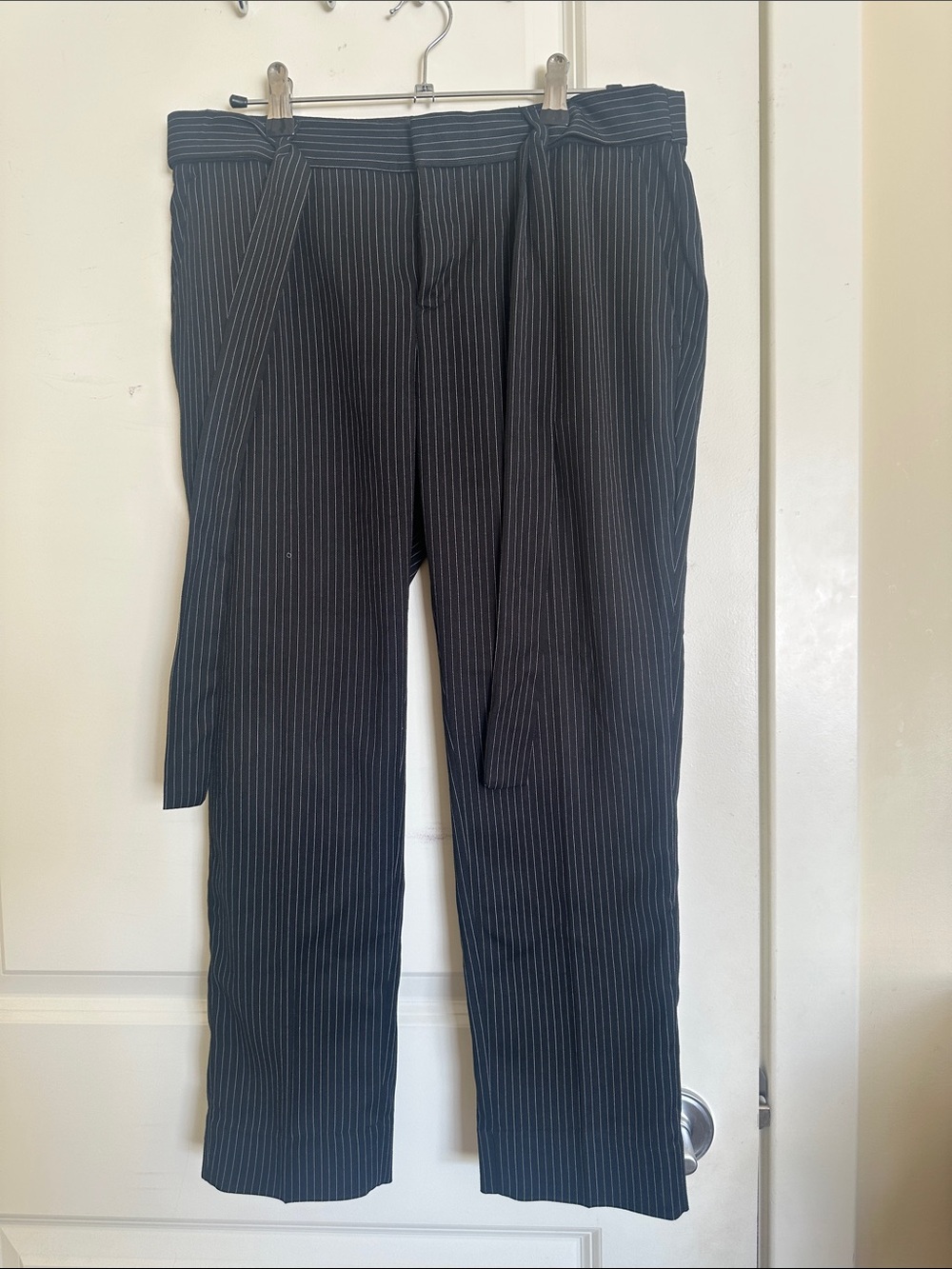 Pinstripe Trousers with Waist Tie - Black